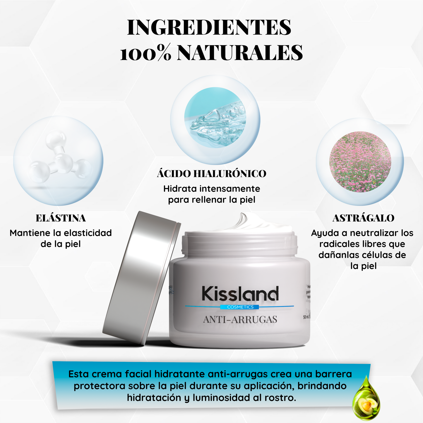 Crema Antiarrugas con Ácido Hialurónico Puro + Elastina + Astrágalo 50 ml